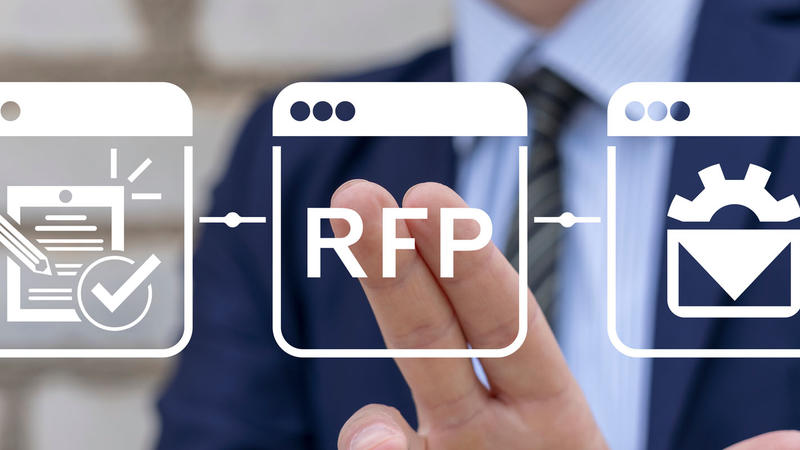 Business person using virtual touch interface presses abbreviation: RFP.