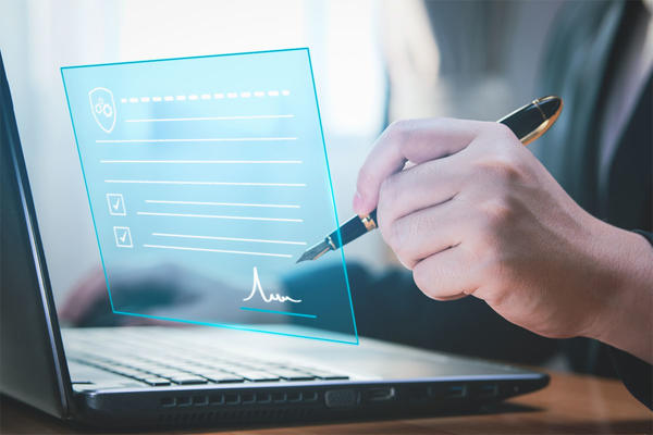 Businessman uses pen to sign electronic documents on virtual screen digital .