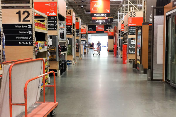 Aisle view at home improvement warehouse store