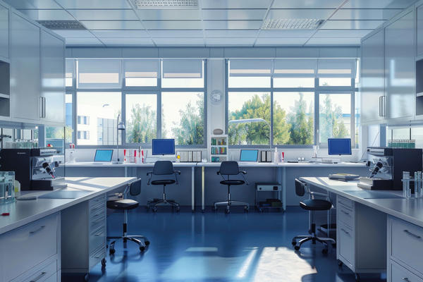 Modern science laboratory with cabinets, research desks, computers and other analytic equipment