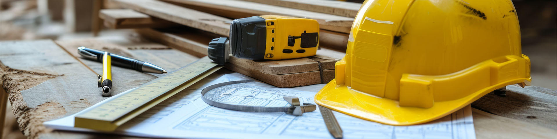 Yellow hard safety helmet and blueprint, pen, ruler, protractor, and tape measure on a table at a construction site, for the safety 