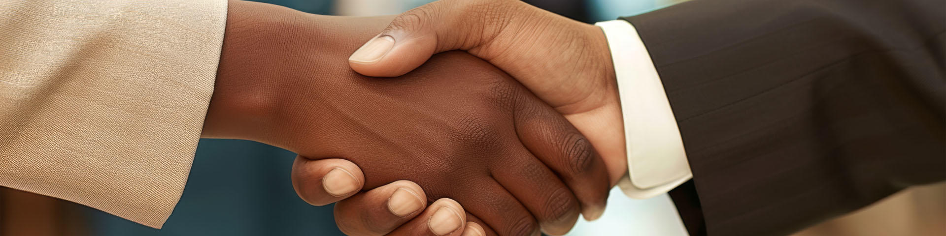 Two individuals engage in a firm handshake.