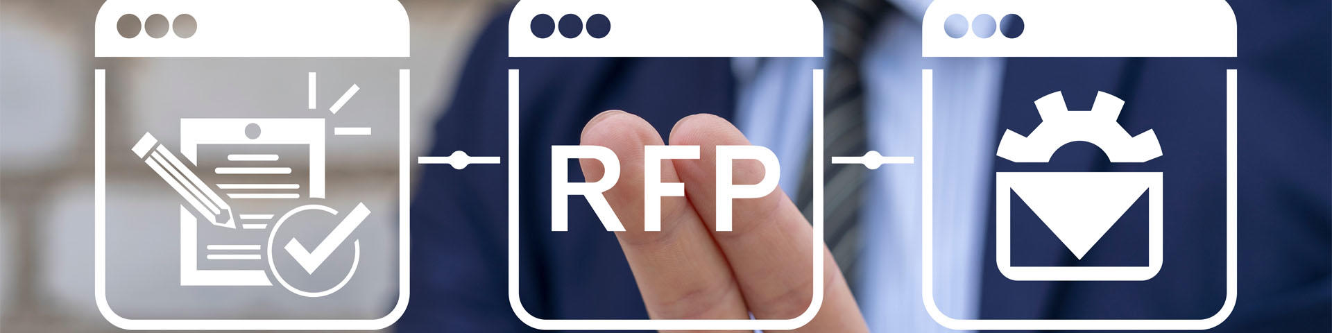 Business person using virtual touch interface presses abbreviation: RFP.