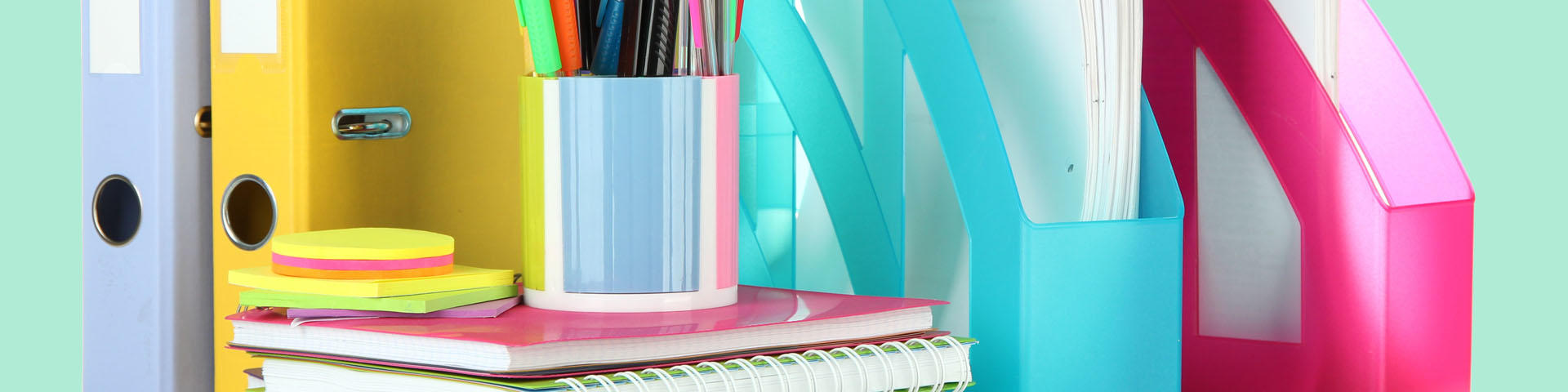 Bright office folders and different stationery