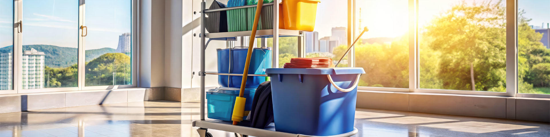 Janitorial cart with cleaning supplies by a window