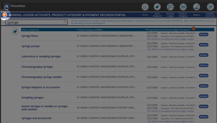 Screenshot of Procurement Search Tool Item/Keyword sub screen with orange circle