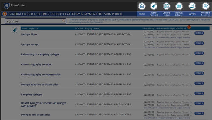 Screenshot of Procurement Search Tool top right sub screen