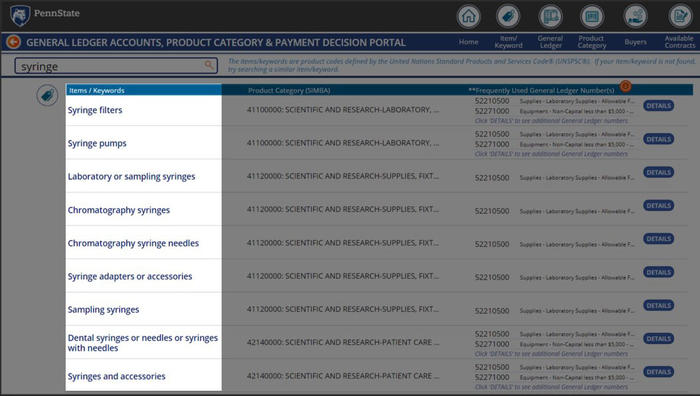 Screenshot of Procurement Search Tool filtered list of item/keyword