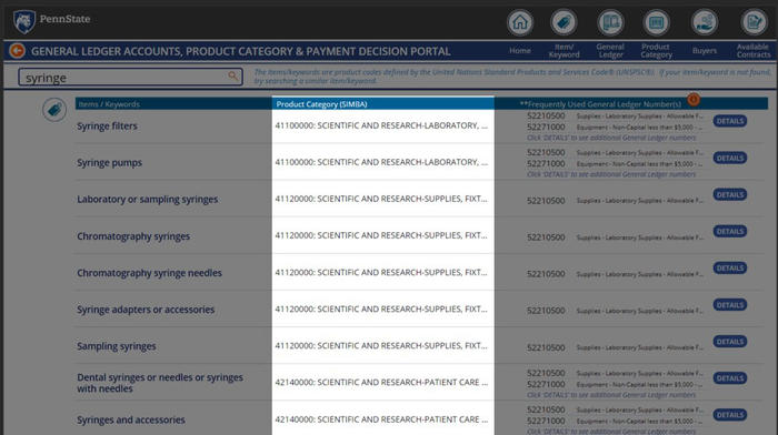 Screenshot of Procurement Search Tool hop OnLion product category numbers and descriptions in the middle column