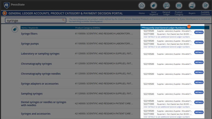 Screenshot of Procurement Search Tool general ledger numbers in the right column