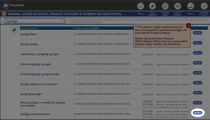 Screenshot of Procurement Search Tool orange information button message