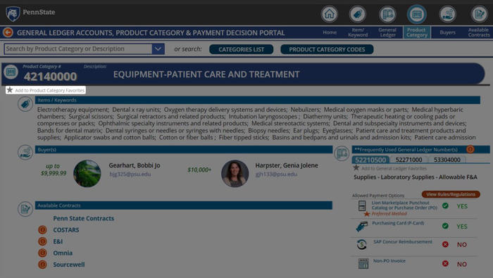 Screenshot of Procurement Search Tool Add to Product Category Favorites
