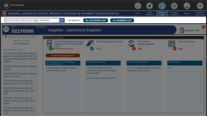 Screenshot of Procurement Search Tool general ledger search box and “GL Category List” button.