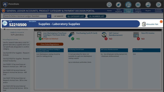 Screenshot of Procurement Search Tool GL number and description in the top bar