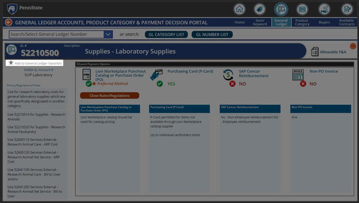 Screenshot of Procurement Search Tool  Add to General Ledger Favorites