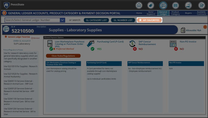 Screenshot of Procurement Search Tool  My Favorites Button