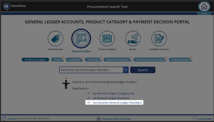 Screenshot of Procurement Search Tool “my favorite Product Category codes.”