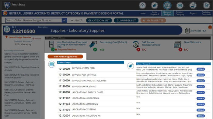 Screenshot of Procurement Search Tool orange “Close Rules/Regulations” button