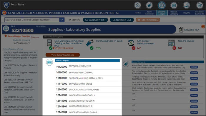 Screenshot of Procurement Search Tool Product Category column