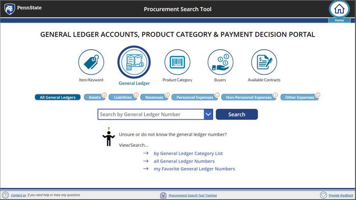 Screenshot of Procurement Search Tool General Ledger search screen