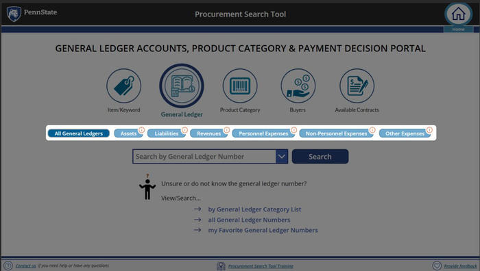 Screenshot of Procurement Search Tool general ledger filters