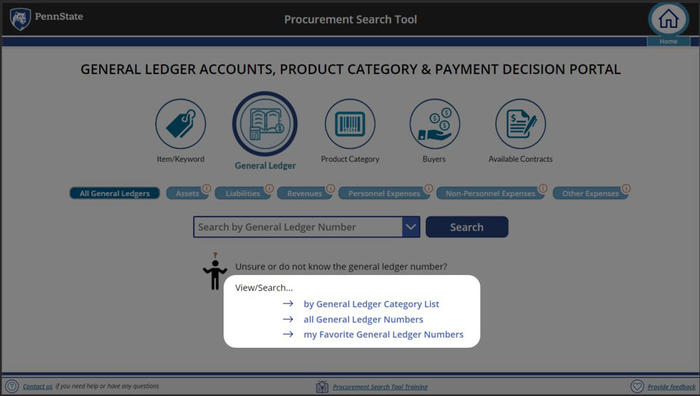 Screenshot of Procurement Search Tool GL views