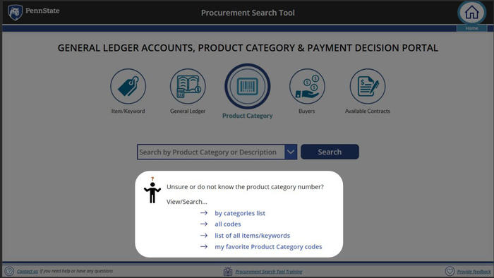 Screenshot of Procurement Search Tool Product Category home screen