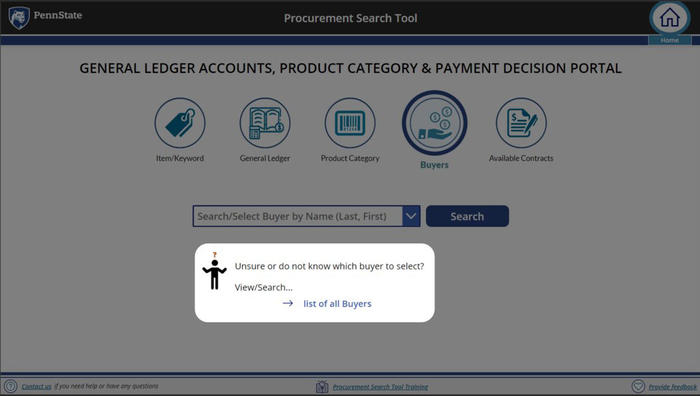 Screenshot of Procurement Search Tool Buyers homescreen