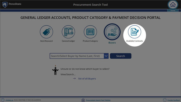 Screenshot of Procurement Search Tool Available Contracts button