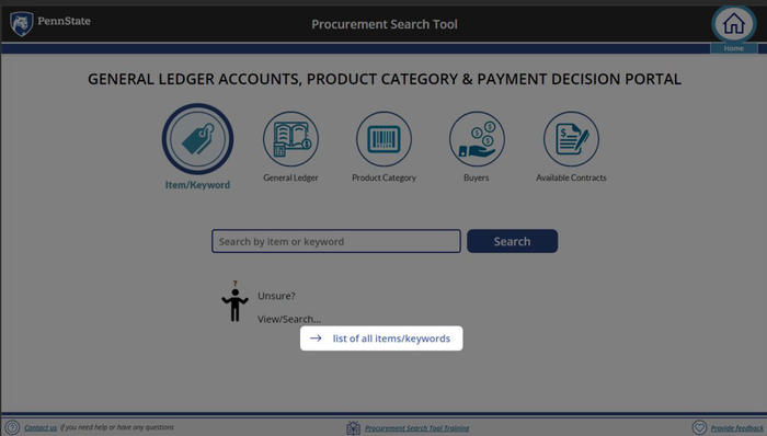 Screenshot of Procurement Search Tool Item/Keyword