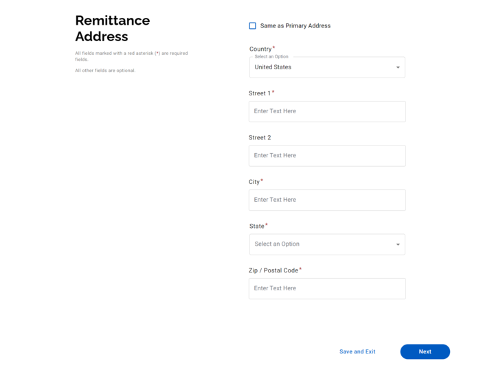 Screenshot of remittance address in PaymentWorks application