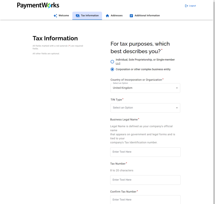 Screenshot of foreign entity tax information in PaymentWorks application