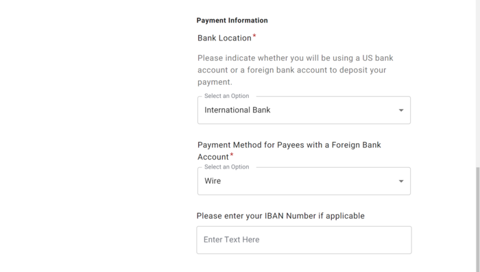 Screenshot of payment method in PaymentWorks application.