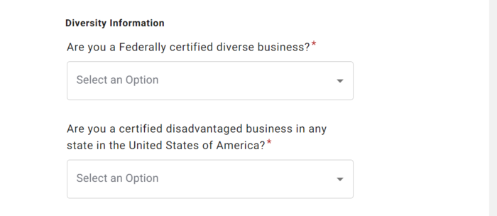 Screenshot of diversity fields in PaymentWorks application