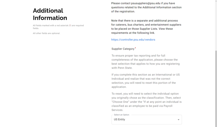 Screenshot of supplier category field in PaymentWorks application