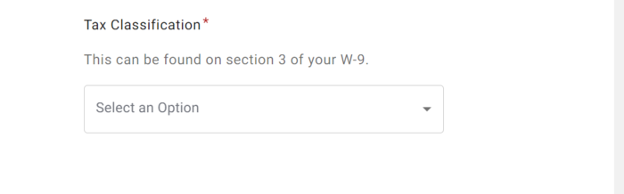 Screenshot of tax classification field in PaymentWorks application