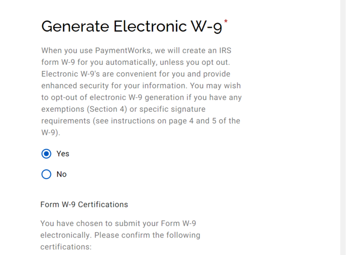 Screenshot of W9 in PaymentWorks application